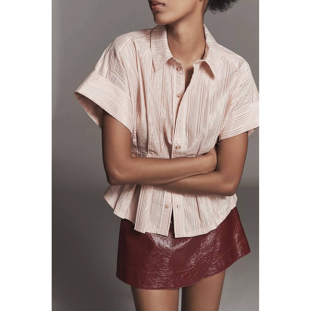 Anthropologie Pilcro The Bobbie Blouse Pink Rose Gold Lurex Stripe Fitted Waist